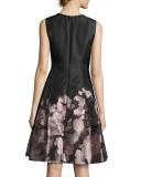 Sleeveless Floral Brocade Fit-and-Flare Dress, Blush/Black