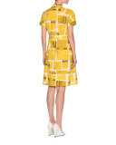 Square-Print Short-Sleeve A-Line Dress, Yellow