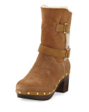 Brea Shearling Wood-Heel Boot, Chestnut