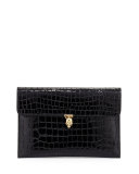 Skull Crocodile-Embossed Clutch Bag, Black