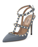 Rockstud 100mm Strappy Pebbled Leather Pump, Light Stone