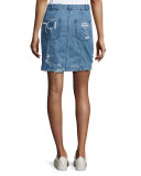 Distressed Stretch Denim Skirt, Indigo