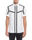 Contrast-Outline Short-Sleeve Sport Shirt, White/Black