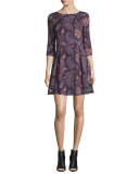 3/4-Sleeve Paisley Fit-and-Flare Dress, Wine