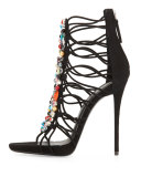 Jeweled Suede T-Strap Sandal/Bootie, Black/Multi