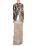 Feather-Embellished Column Maxi Skirt, Slate/Beige