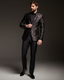 Palm-Print Jacquard Silk Evening Jacket, Black