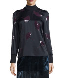 Long-Sleeve Gingko-Embellished Satin Top, Midnight