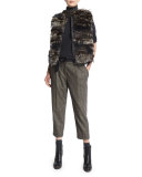 Pleated-Front Belted Cropped Pants, Bark