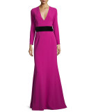 Long-Sleeve Crepe Tie-Back Gown, Pink Topaz