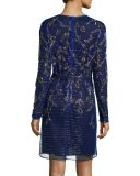 Climbing Floral Long-Sleeve Beaded Dress, Ink