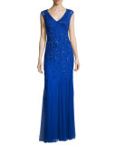 Cap-Sleeve V-Neck Beaded Gown 
