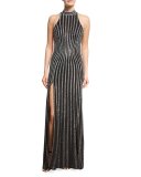 Sleeveless Open-Back Rhinestone Gown, Black