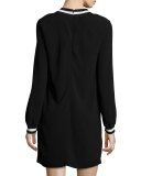 Long-Sleeve Contrast-Trim Shift Dress, Black/White