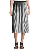 Striped Cotton Crepe Plisse Skirt, Black/White