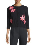 floral-appliqué button-front cardigan, black