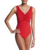 Ruffled Twist-Front Underwire One-Piece Swimsuit, Cherry