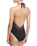 Ajourage Couture Halter One-Piece Swimsuit, Black