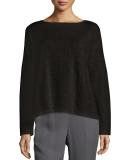 Long-Sleeve Slub Grid Box Top, Black