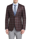 Plaid Two-Button Sport Coat, Burgundy/Gray