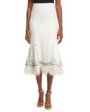 Beaded Boucle Trumpet Skirt with Feather Hem, Ivory