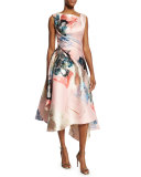 Sleeveless Graffiti-Print Draped Dress, Pink