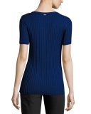 Ribbed Jewel-Neck Short-Sleeve Sweater, Caviar/Azzurine