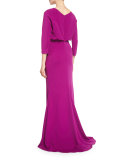 3/4-Sleeve Beaded-Waist Blouson Gown, Orchid