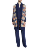 Taletha Striped Ribbed-Trim Sweater, Midnight/Orange/Khaki
