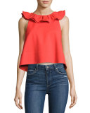 Agathe Sleeveless Ruffle Crop Top, Red