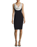 Sleeveless Silk-Trim Crepe Sheath Dress, Silver/Black