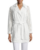 Long-Sleeve Lace Belted Coat, Whitewash