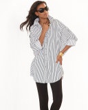 Long-Sleeve Skinny-Striped Big Shirt, White/Black