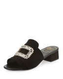 Strass-Buckle Suede Slide Sandal, Black