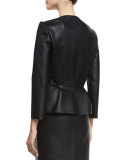 3/4-Sleeve Zip-Front Leather/Tweed Peplum Jacket, Black/Ivory