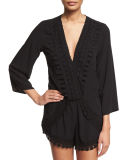 Crocheted-Trim Long-Sleeve Romper Coverup