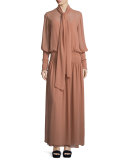 Chiffon Tie-Neck Maxi Dress, Dusty Pink