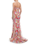 Strapless Embroidered Illusion Gown, White/Multi