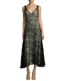Phyllis Sleeveless Paneled Lace Midi Dress, Black/Brown