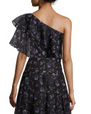 Ruffled One-Shoulder Blouse in Violet-Print, Black/Purple