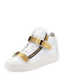 Double-Strap Patent Mid-Top Sneaker, Gold/White