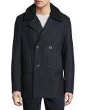 Melton Wool-Blend Pea Coat w/Shearling Collar, Navy