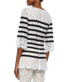 3/4-Sleeve Striped Floral-Lace Blouse