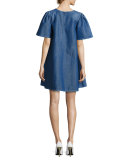 Denim Short-Sleeve Swing Tunic Dress, Blue