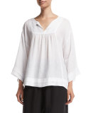 Long-Sleeve Pleated-Edge Artisan Top, White