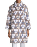 Intarsia Mink-Fur Coat, Gray/Blue