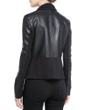 Ruffled Front-Drape Mixed Media Leather Jacket