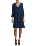 3/4-Sleeve Embroidered Silk Dress, Blue/Black