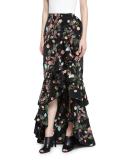 Justina Floral Ruffled Maxi Skirt, Black/Pink/Green