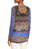 Paisley Scoop-Neck Long-Sleeve Tee, Blue